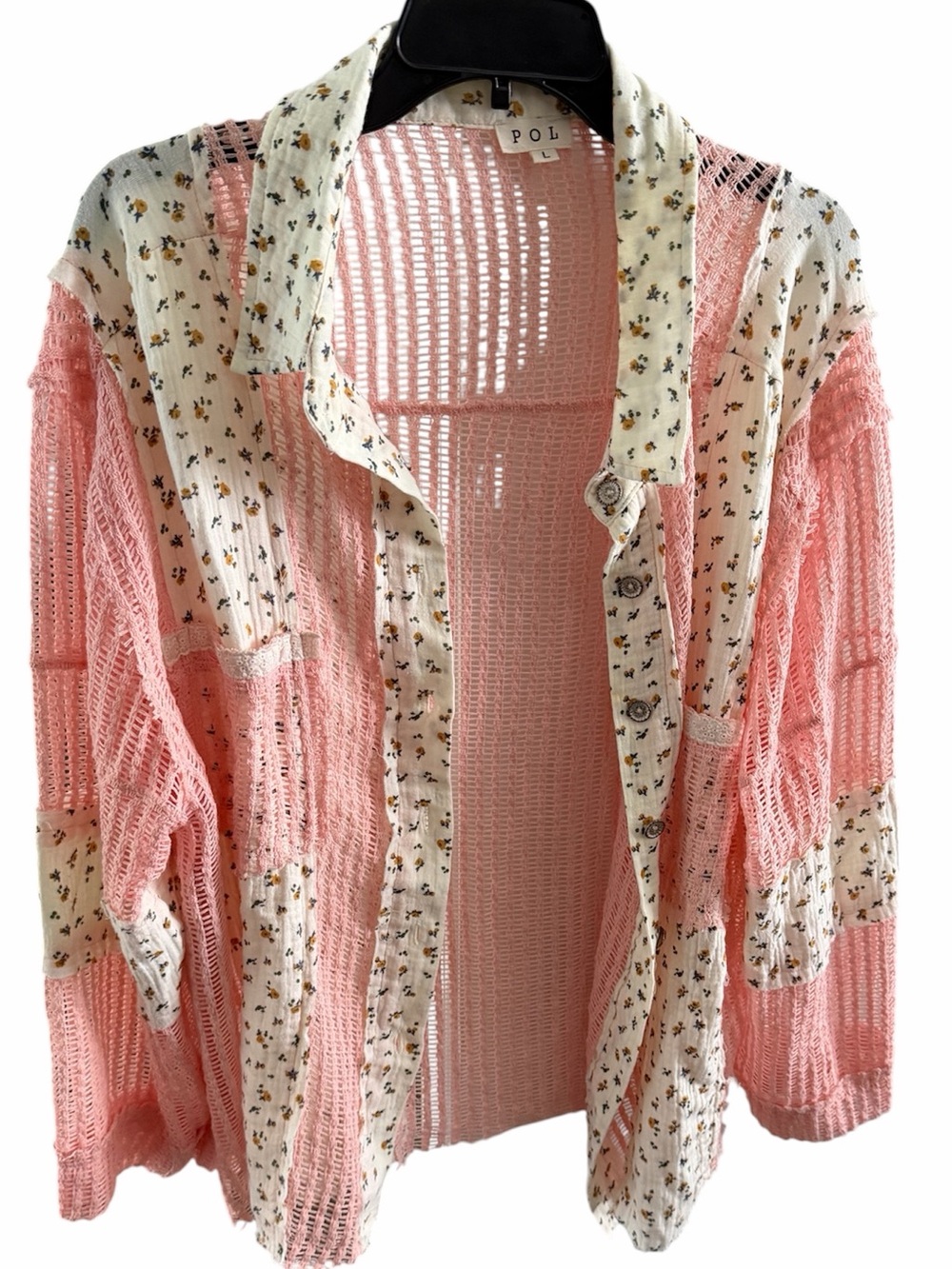 POL Clothing Oversized Pink Floral Patchwork Button Down Shirt Boho Shacket - Picture 3 of 10
